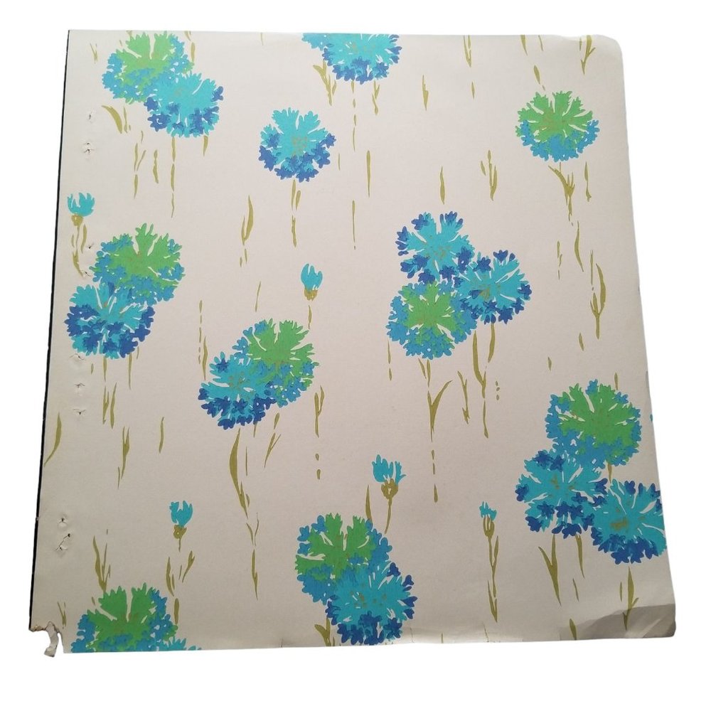 Vintage Wallpaper Sample Sheet Blue Green Flower Pattern Craft Supply Dollhouse